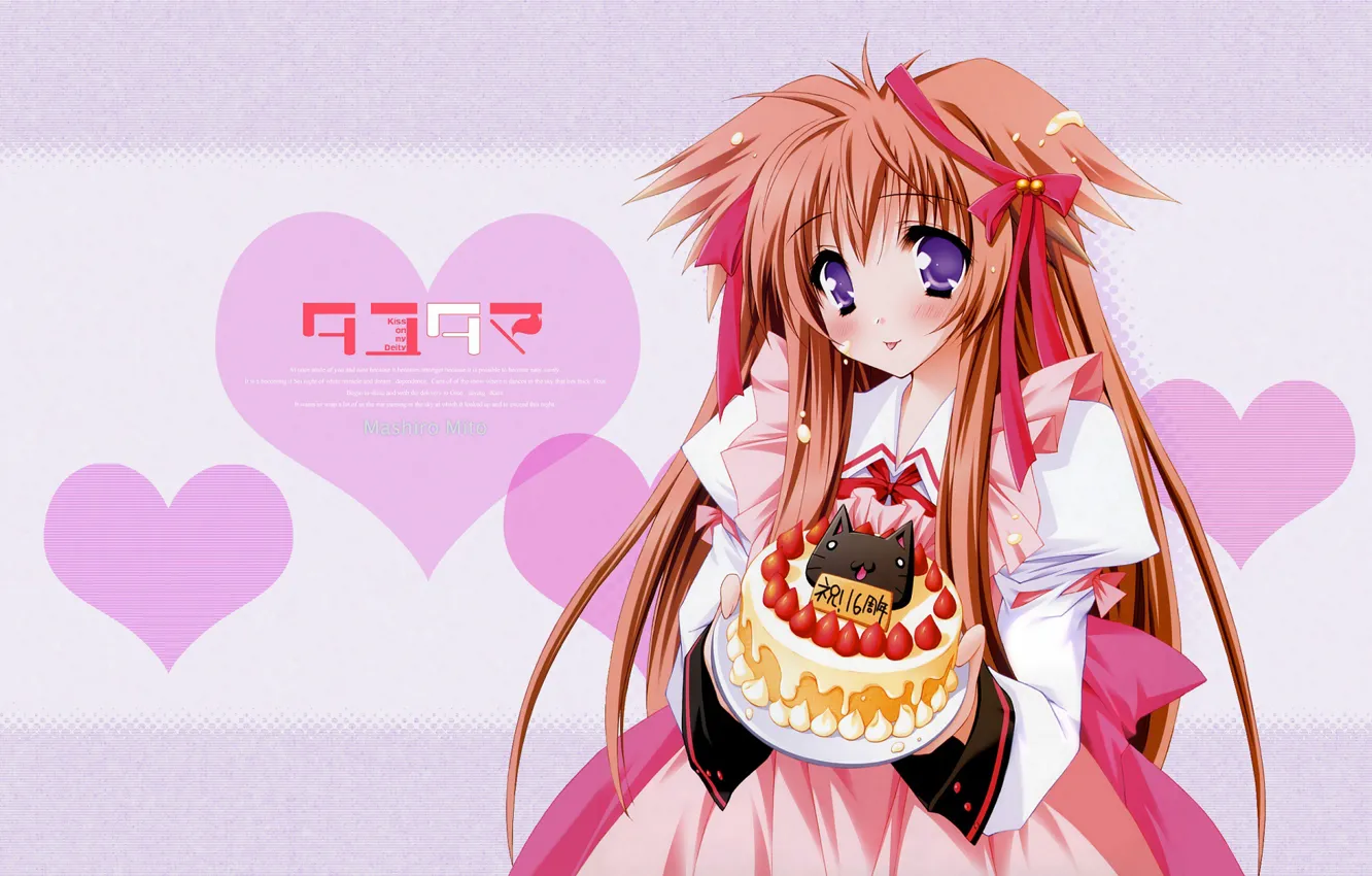 Фото обои сердечки, рыжая, розовый фон, большие глаза, Tayutama-Kiss on my Deity, visual novel, клубничный торт, by …