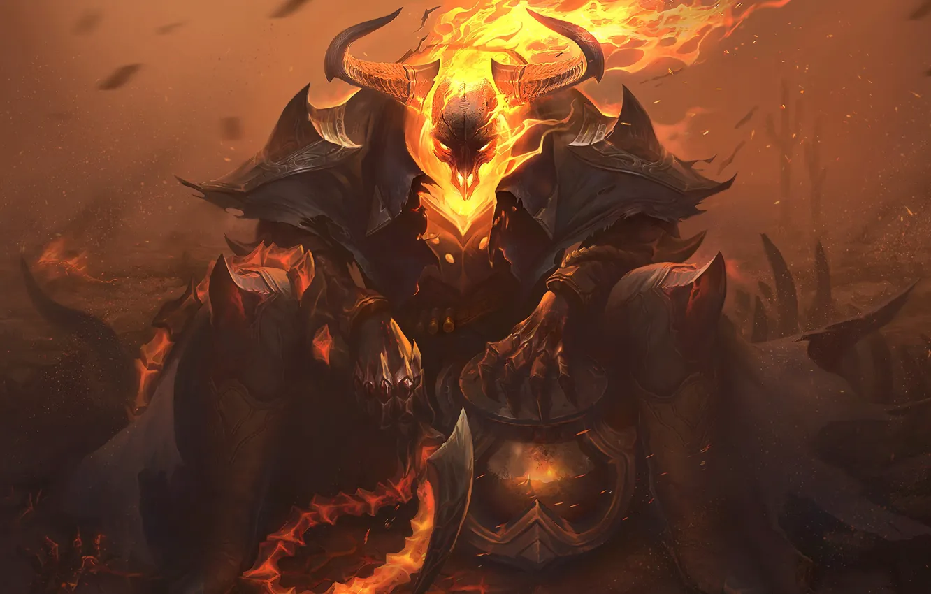 Фото обои пламя, дым, доспехи, демон, рога, game, character, персонаж