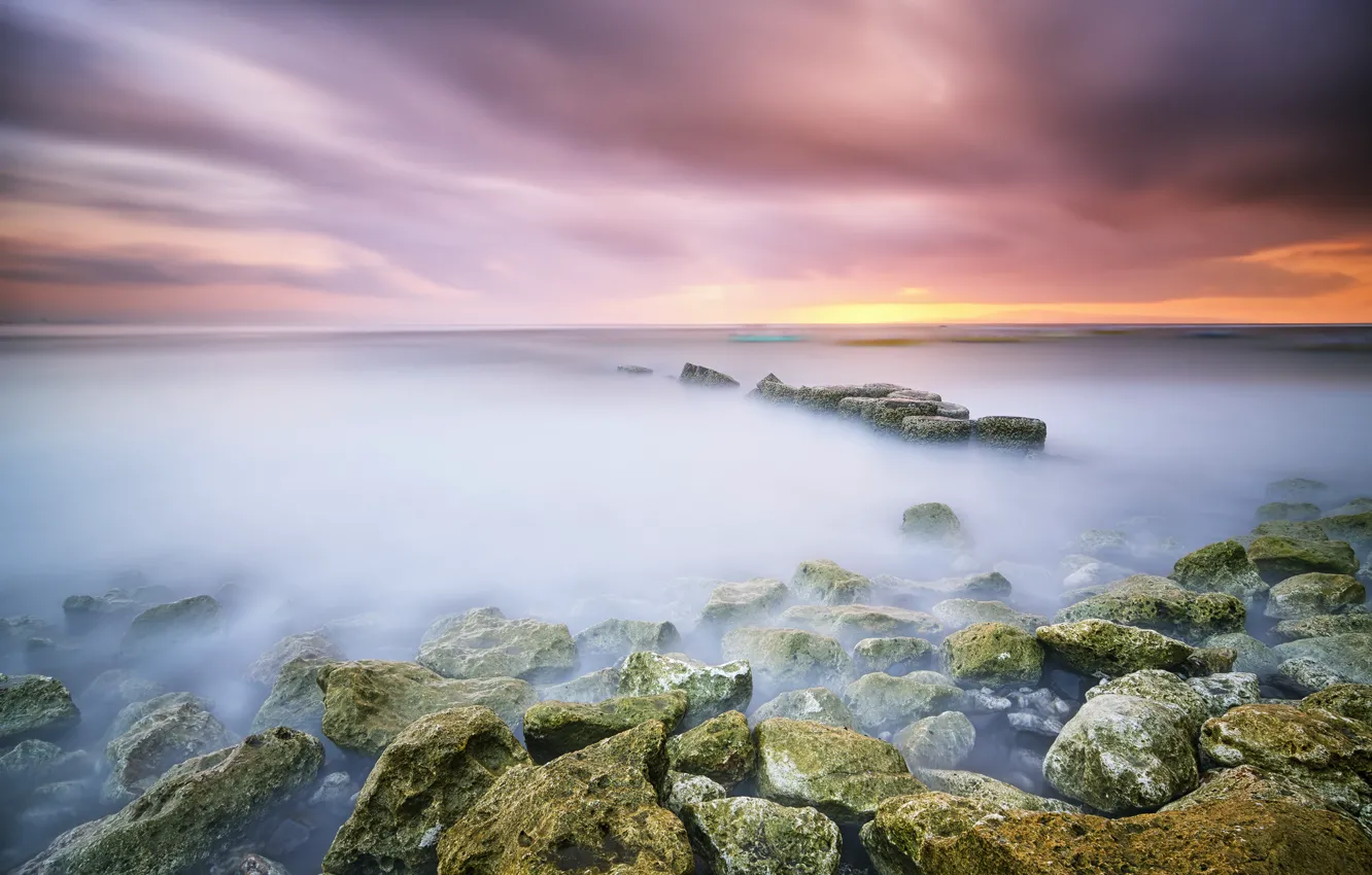 Фото обои камни, океан, рассвет, выдержка, Bali, Indonesia, Sanur, Matahari Terbit Beach