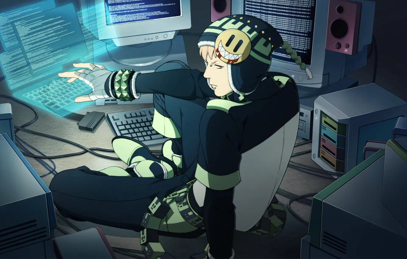 Фото обои компьютер, шапка, браслет, клавиатура, монитор, парень, смайлик, art