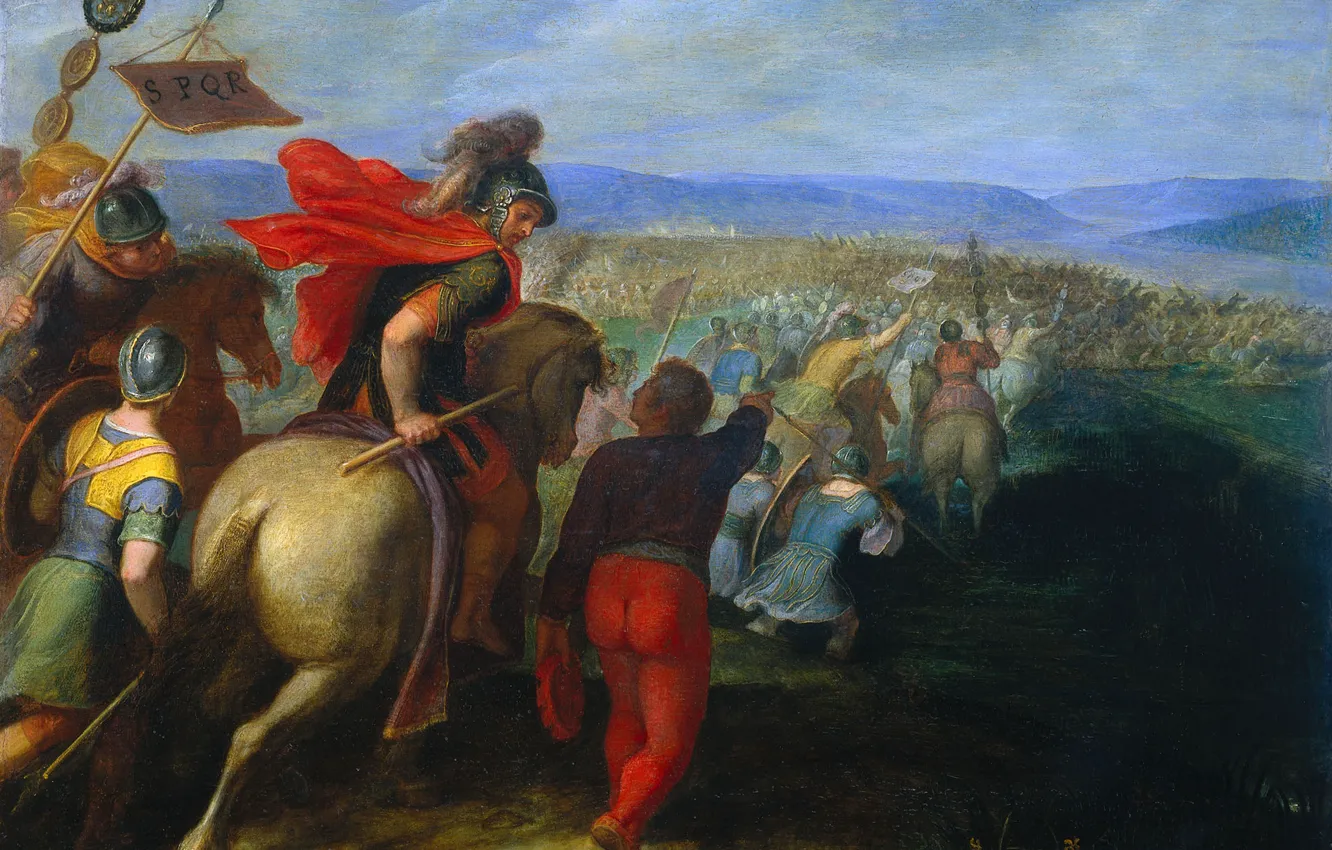 Фото обои дерево, масло, картина, баталия, Отто ван Веен, Римляне под Командованием Цереалиса, Побеждают Клавдия Цивилиса