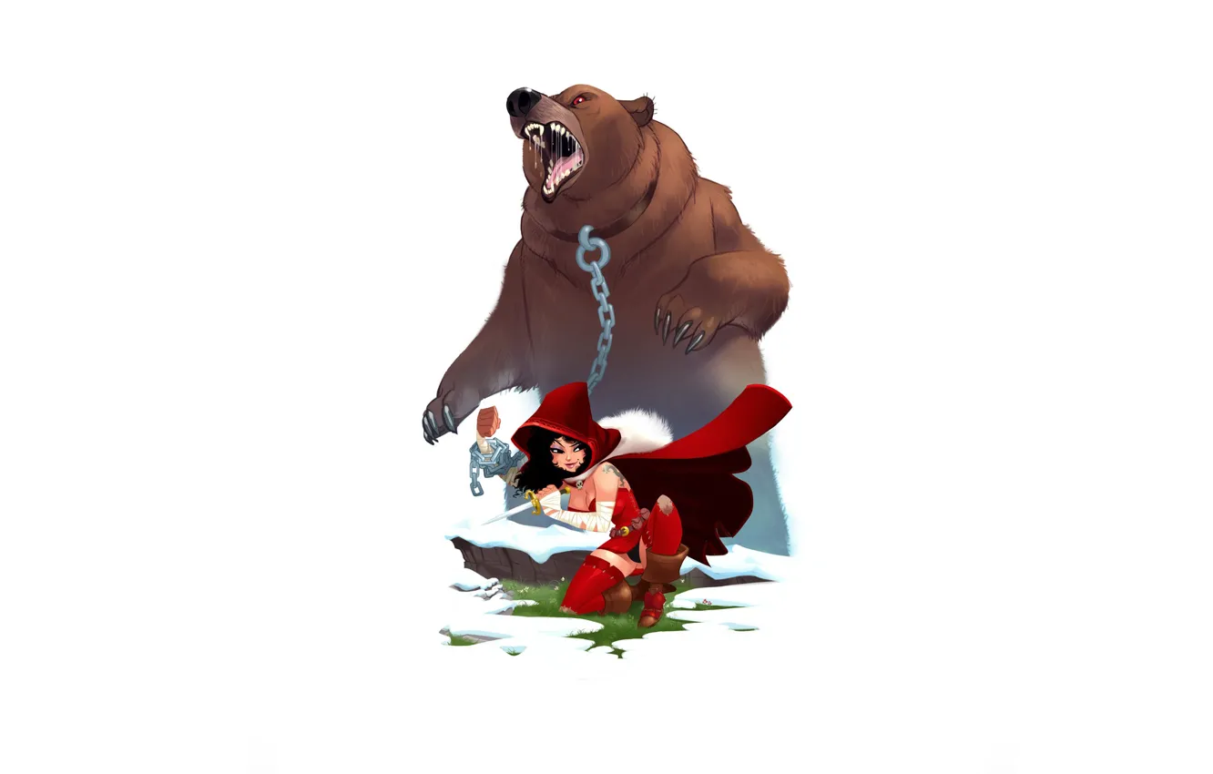 Фото обои девушка, медведь, пасть, цепь, нож, ножки