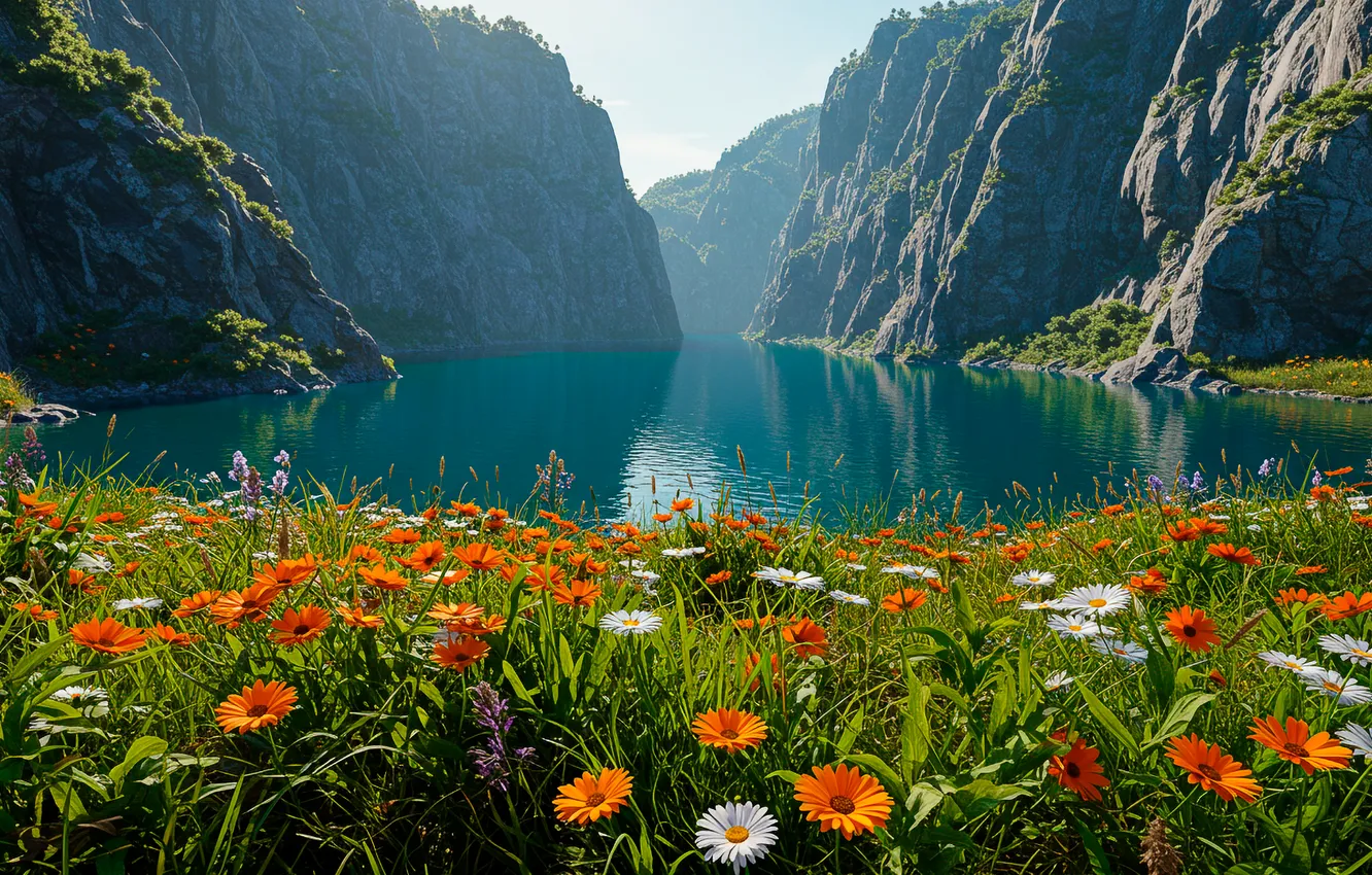 Фото обои трава, цветы, горы, озеро, обои, берег, арт, wallpaper