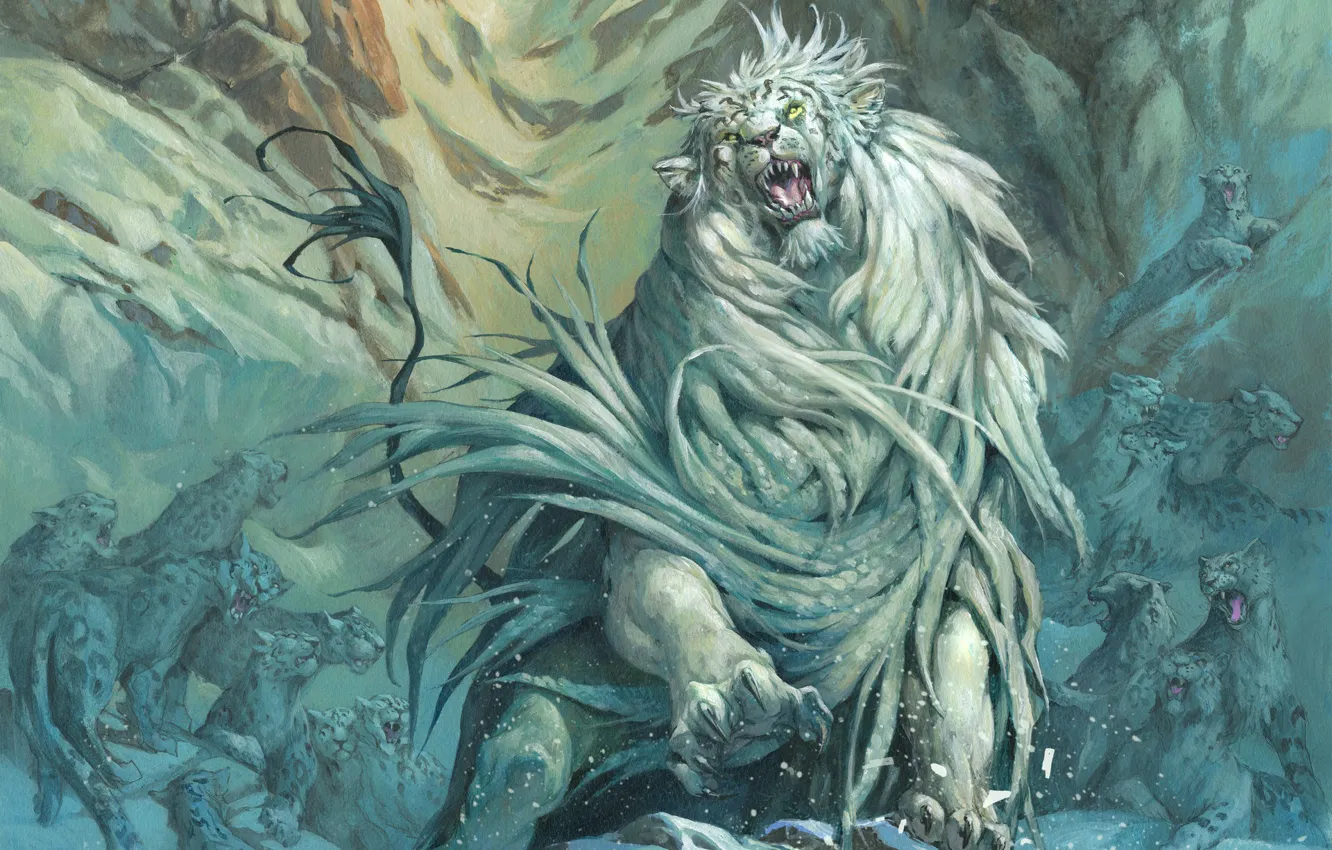 Фото обои Рисунок, Фантастика, Magic the Gathering, Ирбис, Барс, Jesper Ejsing, Снежный Барс, Рык