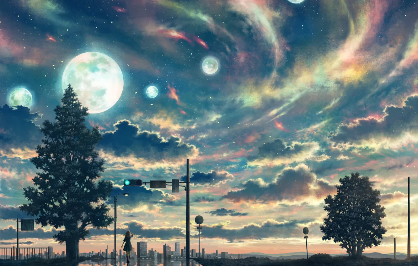 Фото обои небо, облака, город, дерево, планета, фэнтези, левочка