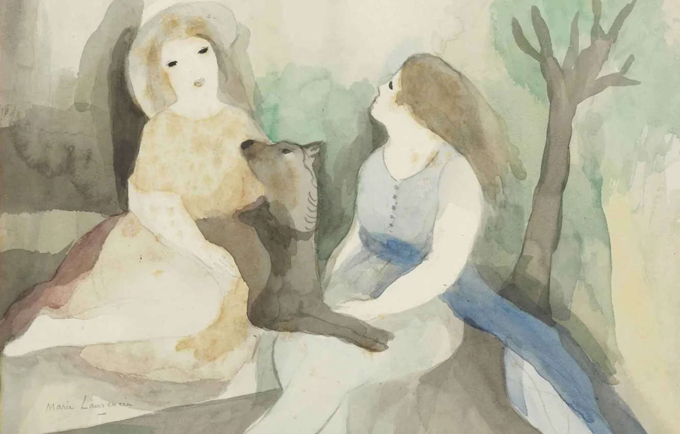 Фото обои акварель, карандаш, Модерн, Marie Laurencin, Две женщины с собакой