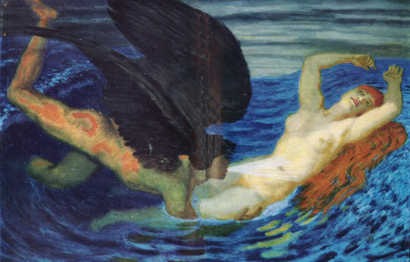 Фото обои 1927, рыжая женщина, Franz von Stuck, Ветер и волна., ангел с черными крыльями