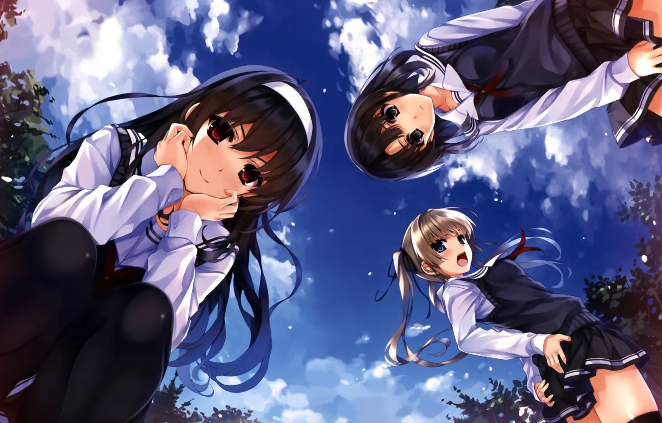 Фото обои небо, девочки, арт, форма, школьницы, misaki kurehito, вид снизу