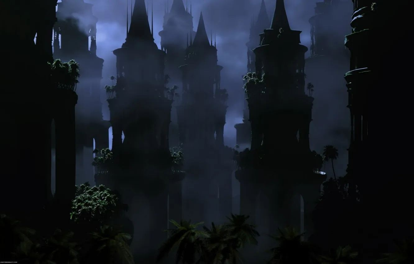 Фото обои ночь, темнота, пальмы, мрак, башни, таинственность