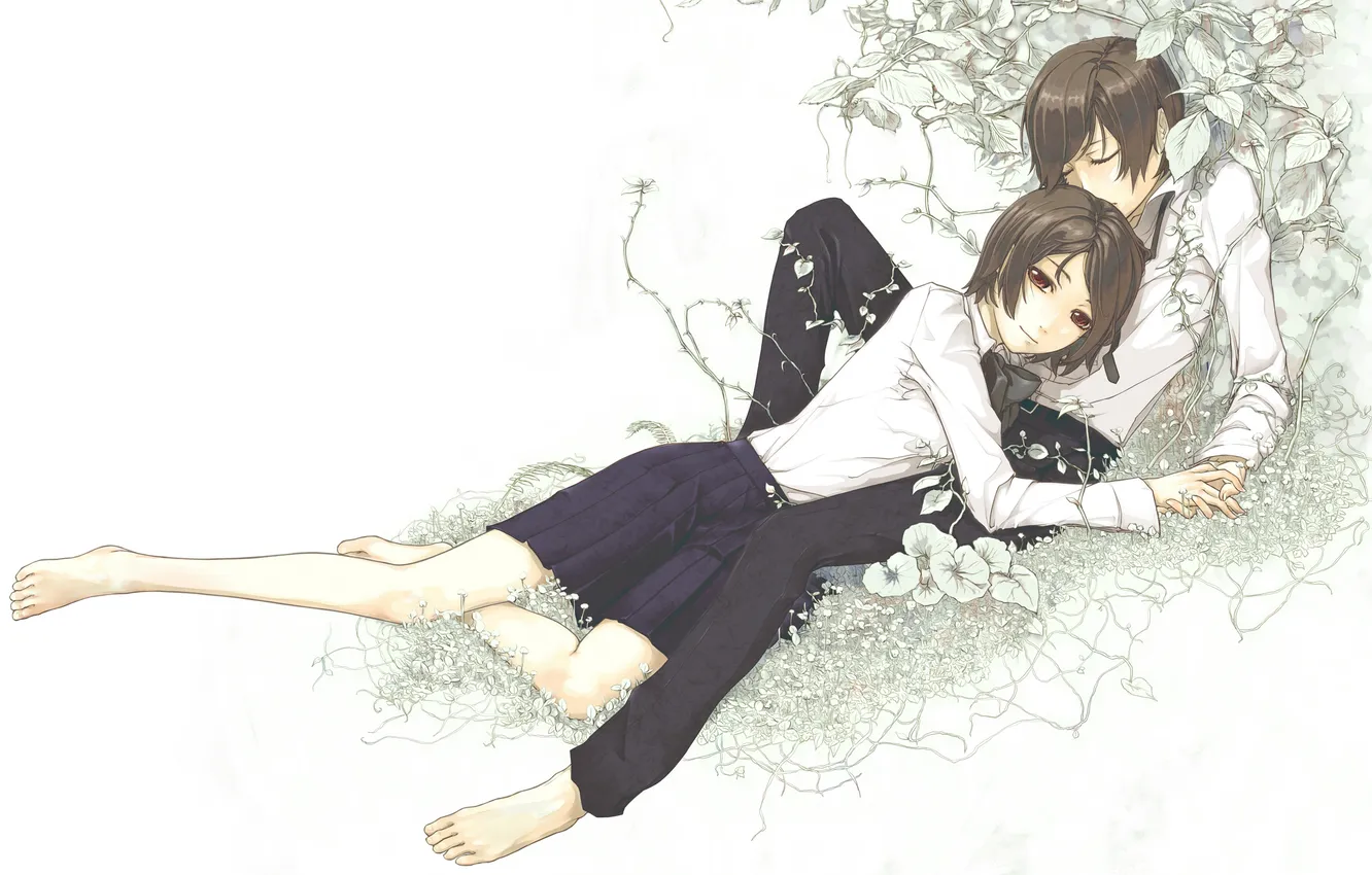 Фото обои листва, Девушка, парень, двое, лежат
