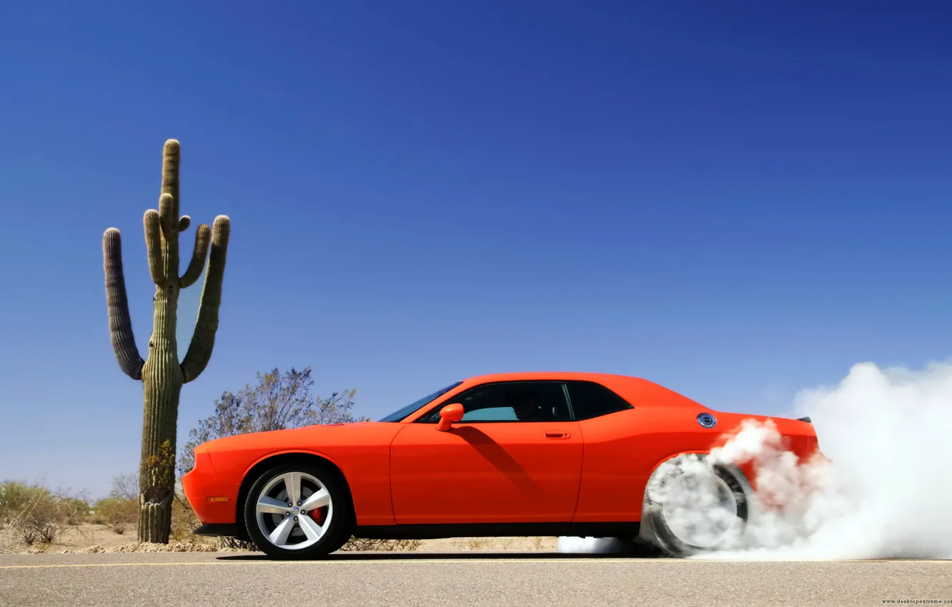 Фото обои дым, Dodge Challenger, красная машина