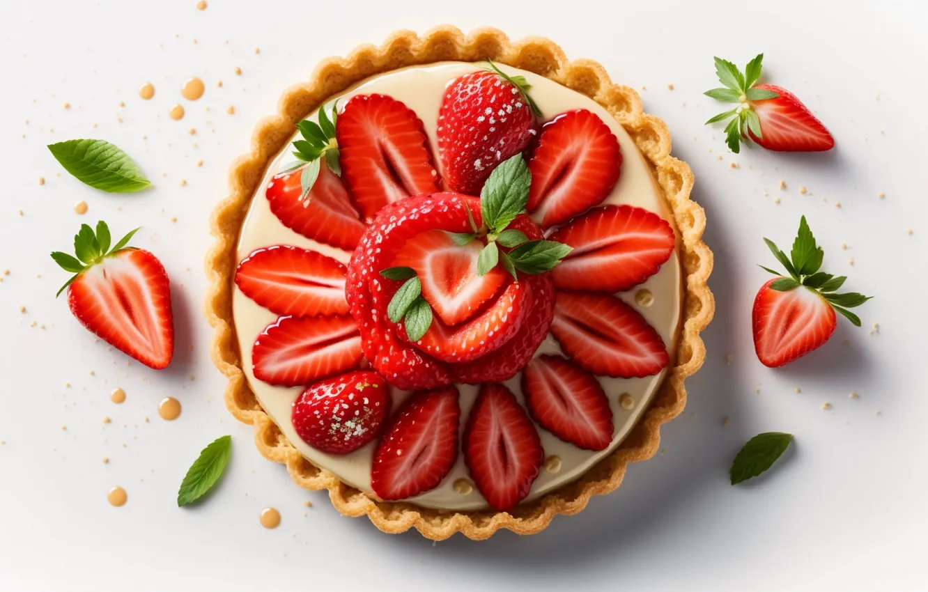 Фото обои листья, ягоды, клубника, пирог, белый фон, мята, десерт, выпечка