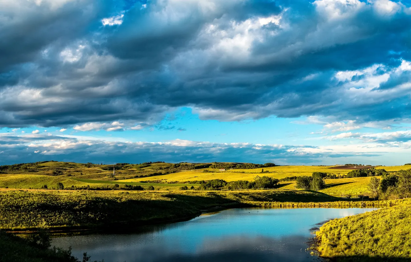 Фото обои небо, облака, пруд, поля, Канада, Alberta, луга, Turner Valley