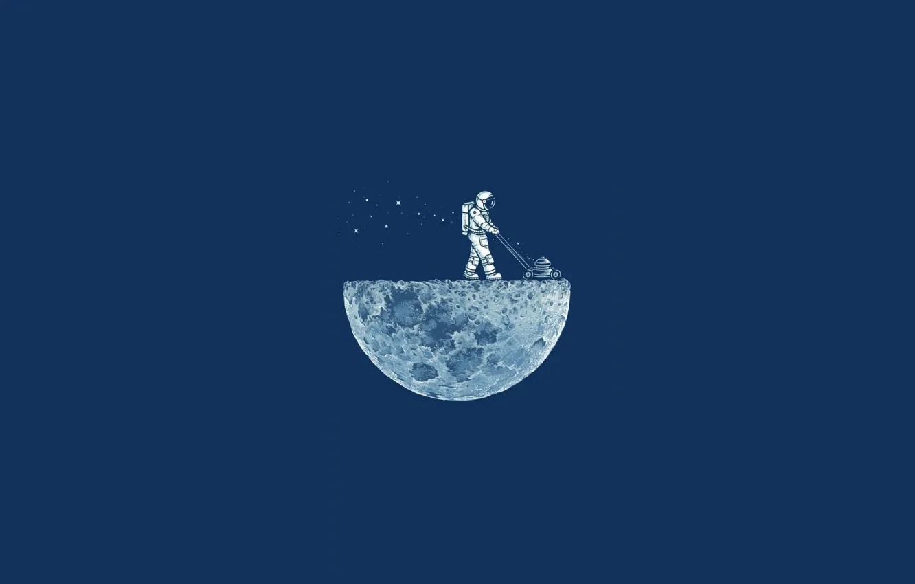 Фото обои Минимализм, Луна, Космонавт, Moon, Blue, Газонокосилка