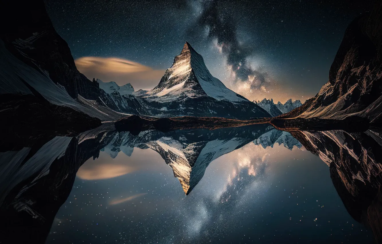 Фото обои ночь, озеро, Швейцария, Альпы, Switzerland, Night, очарование, Alps