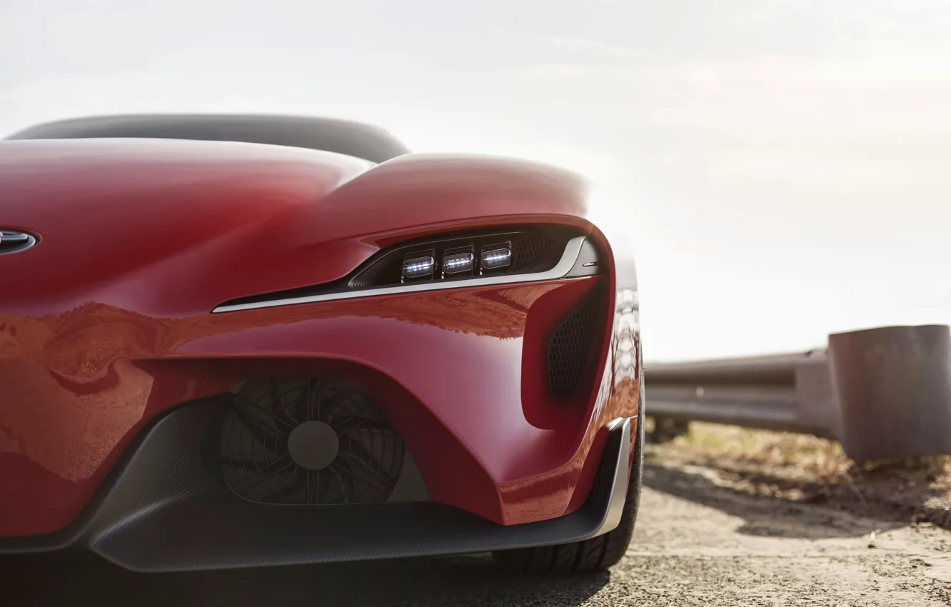 Фото обои красный, купе, ограждение, перед, Toyota, 2014, FT-1 Concept