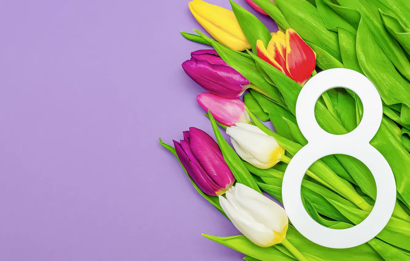 Фото обои цветы, colorful, цифра, тюльпаны, happy, 8 марта, flowers, tulips