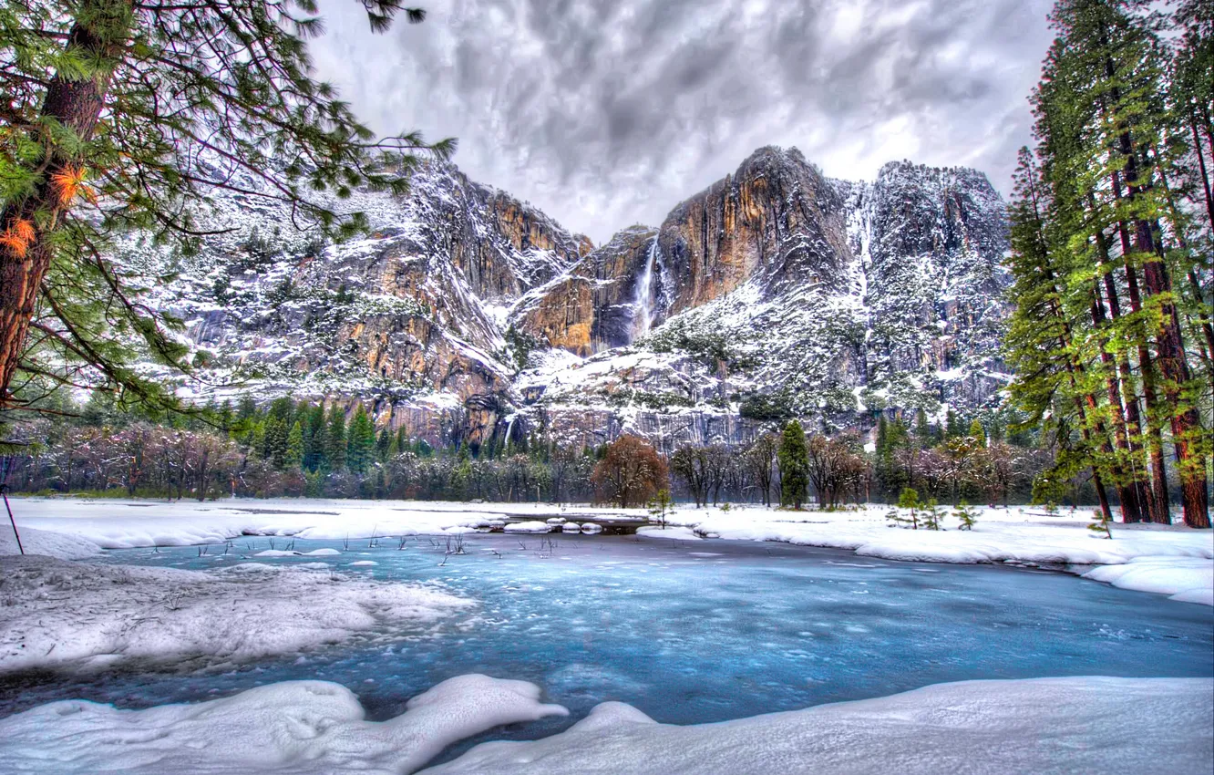 Фото обои зима, снег, деревья, горы, озеро, HDR, США, Yosemite National Park