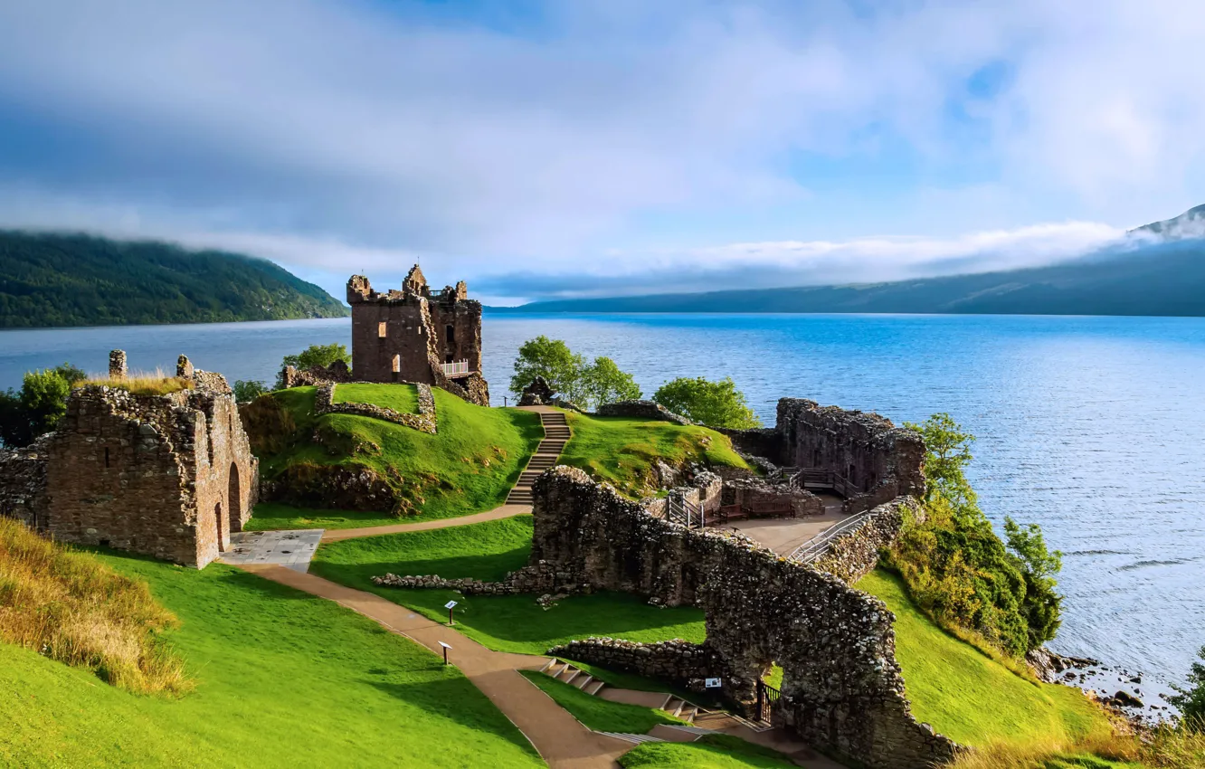 Фото обои озеро, замок, Шотландия, Лох-Несс, Урквхарт, Аркарт