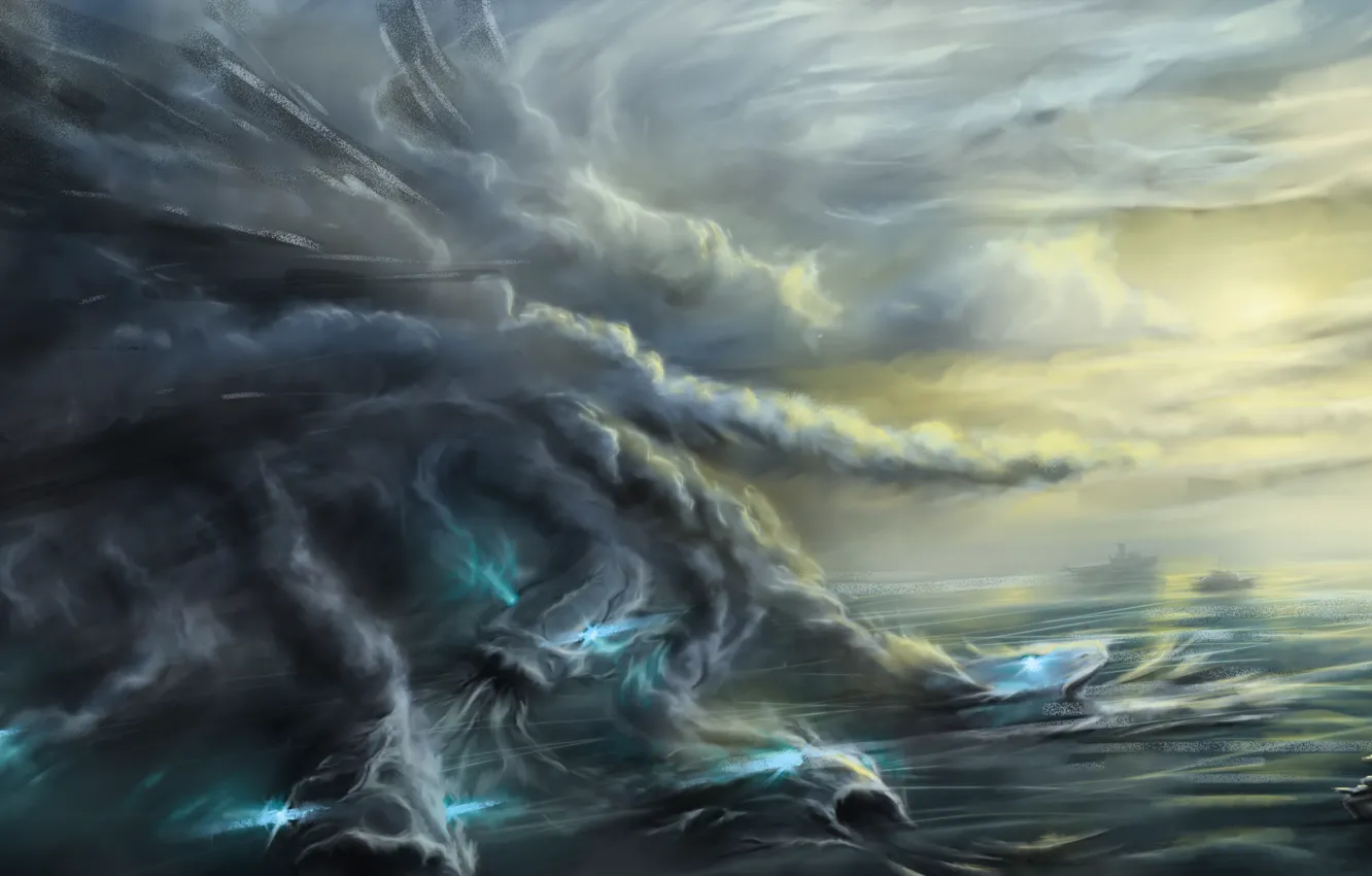 Фото обои море, туман, фантастика, океан, корабль, живопись, демоны