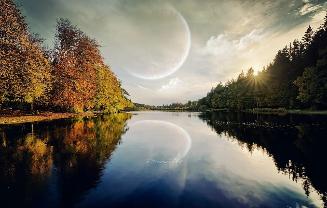 Фото обои небо, деревья, природа, река, луна