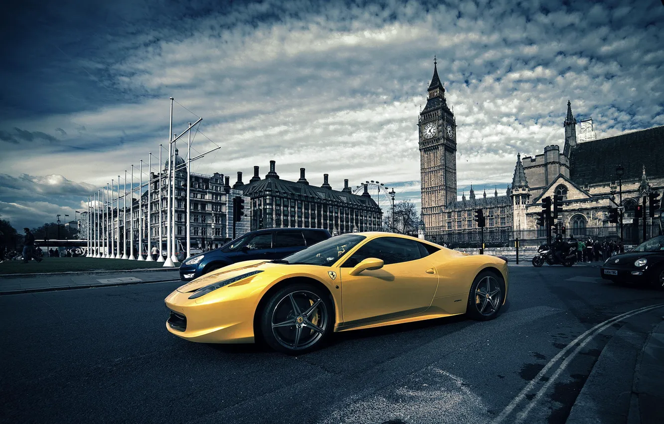 Фото обои Лондон, Феррари, Желтая, Италия, Ferrari, 458, Биг Бен, London