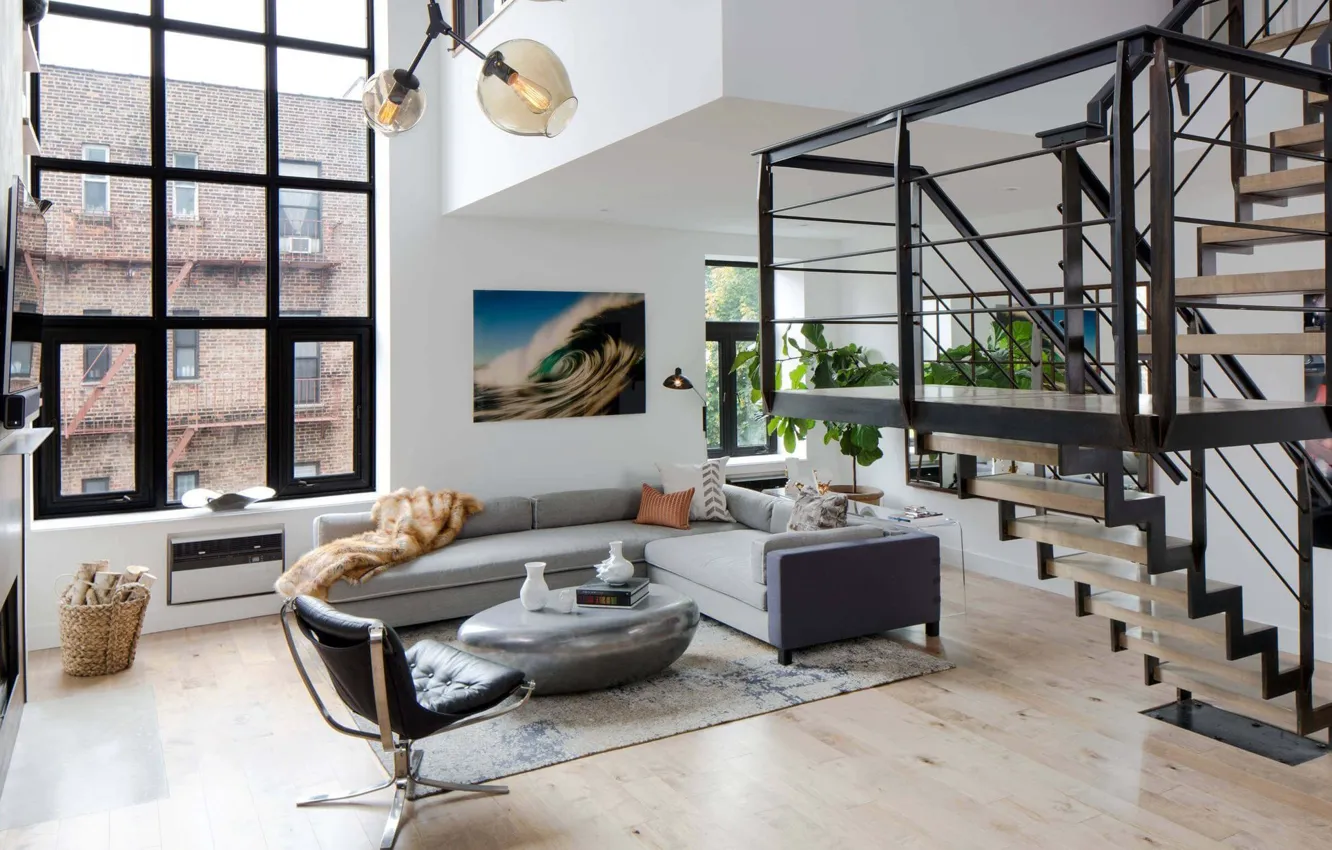 Фото обои дизайн, стиль, интерьер, лестница, Нью Йорк, мегаполис, гостиная, SoHo Duplex