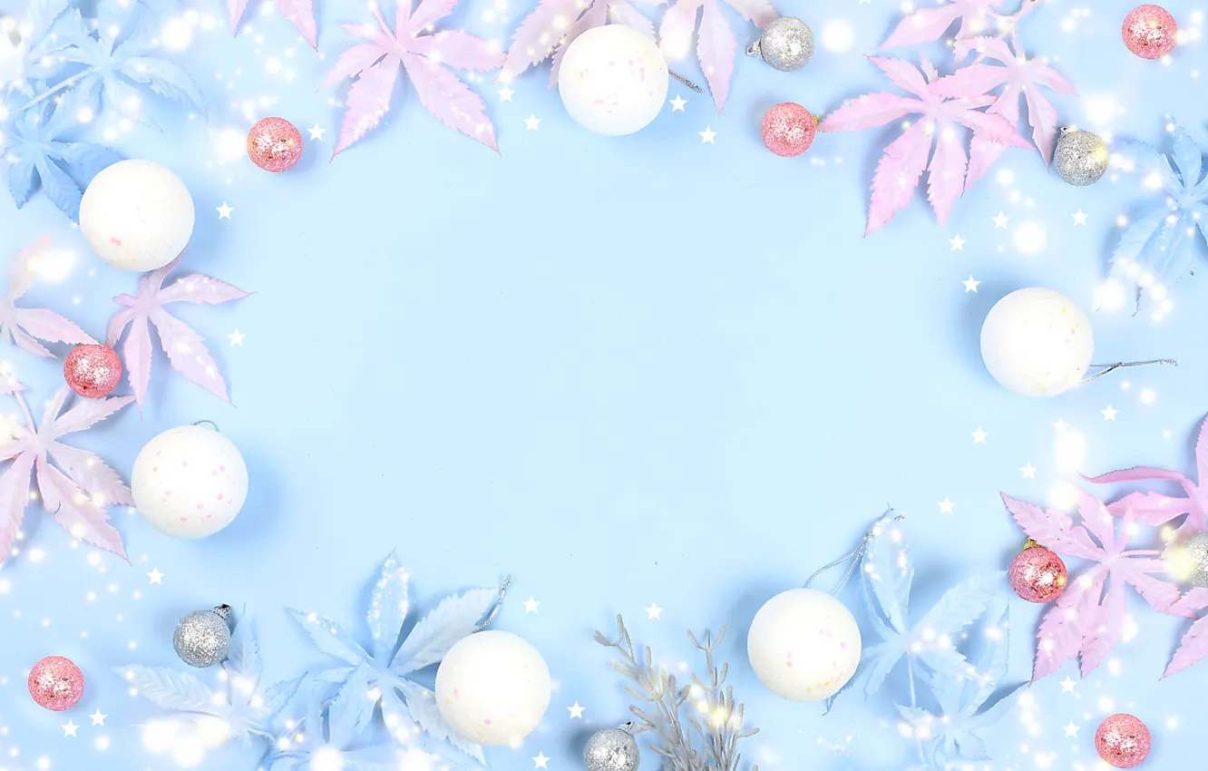 Фото обои листья, фон, праздник, голубой, цвет, Рождество, Новый год, звездочки