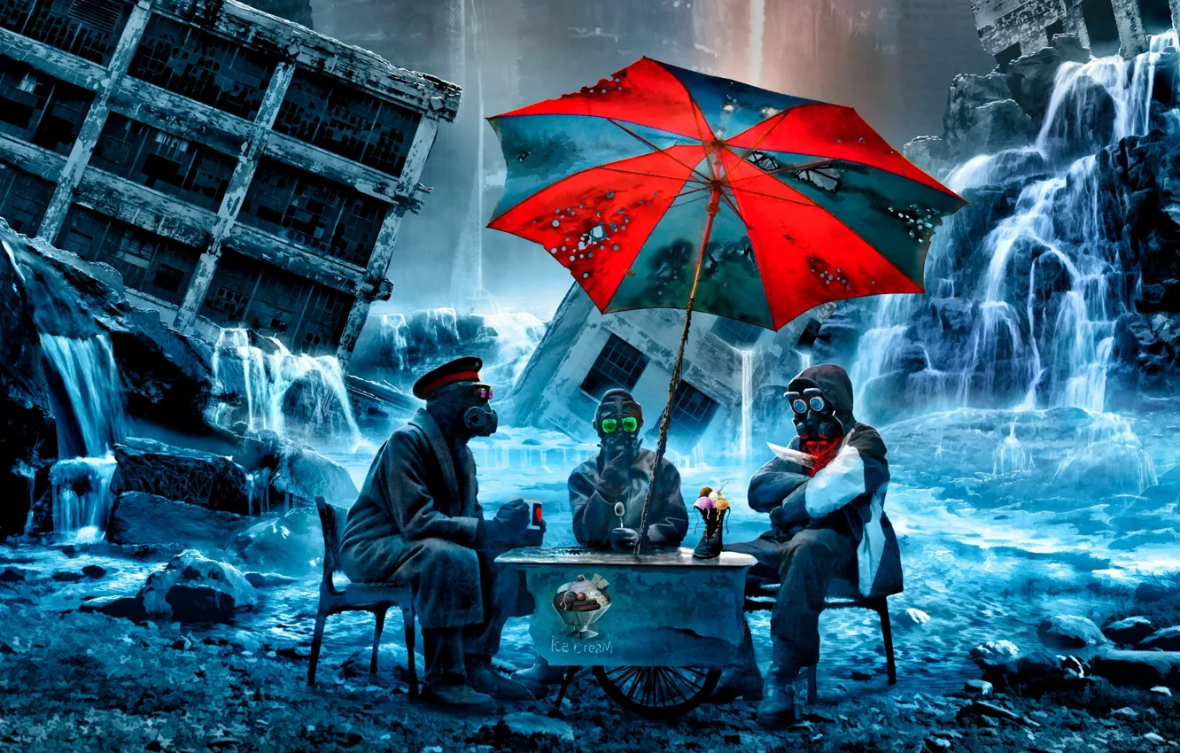 Фото обои люди, зонт, маски, столик, romantically apocalyptic, ice cream time