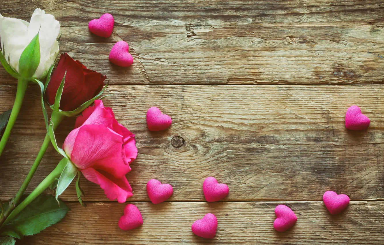 Фото обои розы, сердечки, love, wood, pink, romantic, hearts, Valentine's Day