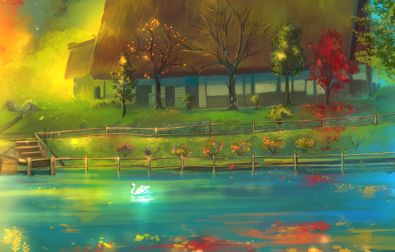 Фото обои осень, деревья, арт, лебедь, домик, живопись