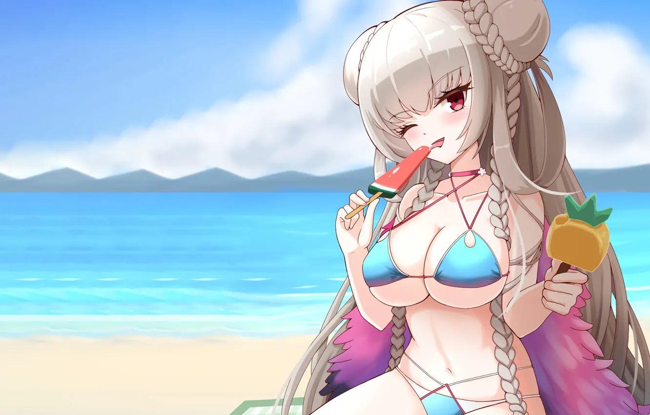 Фото обои girl, sexy, cleavage, beach, long hair, sea, boobs, anime