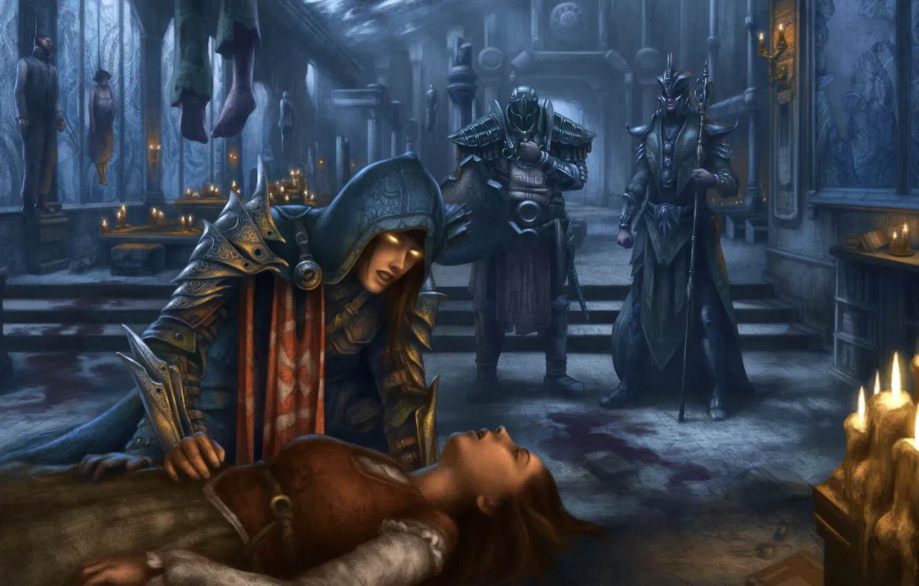 Фото обои девушка, смерть, замок, свечи, арт, трупы, Diablo III, Reaper of Souls