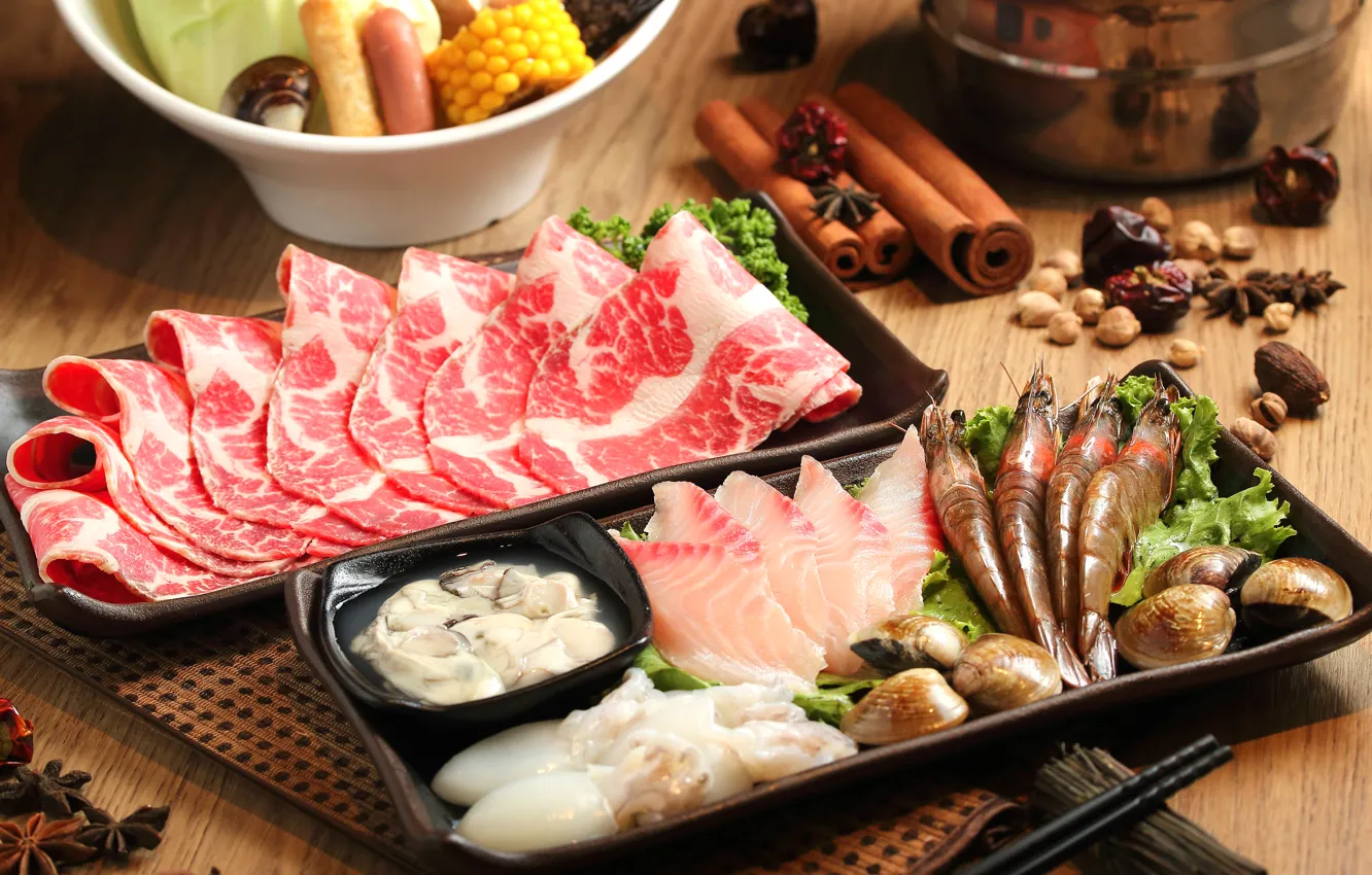 Фото обои рыба, мясо, корица, креветки, морепродукты, специи, японская кухня, блюда