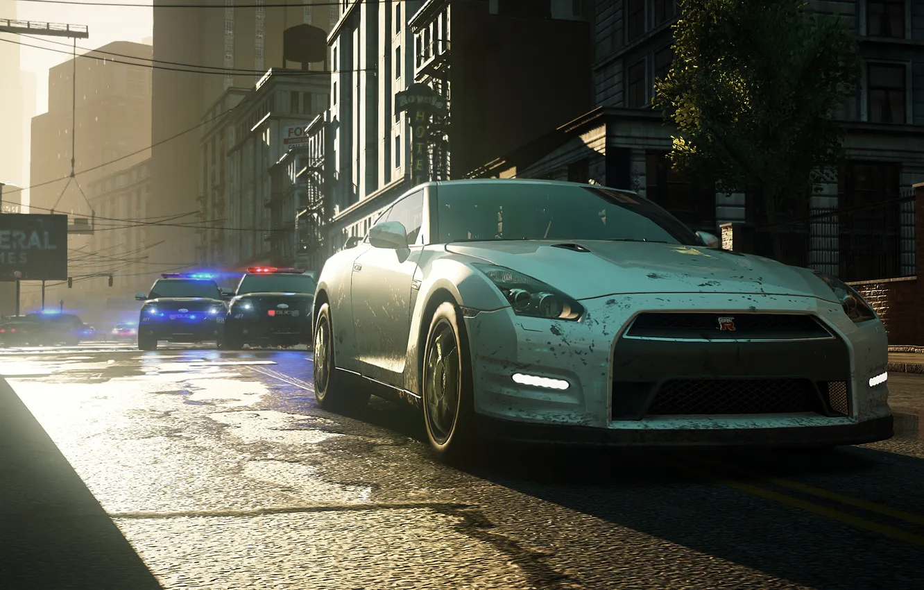 Фото обои город, трасса, полиция, погоня, Need for Speed, ниссан, Electronic Arts, Most Wanted