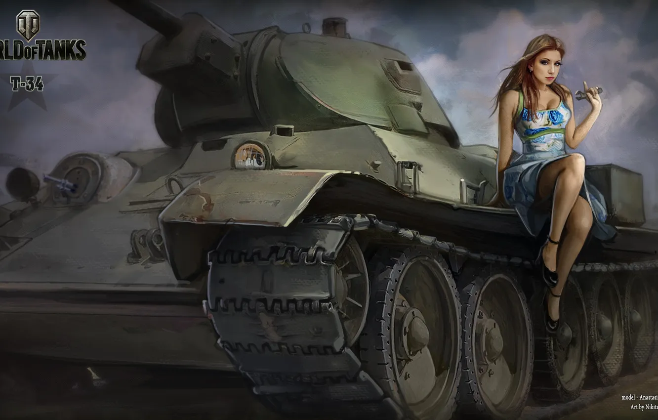 Фото обои девушка, танк, girl, танки, Т-34, WoT, Мир танков, tank