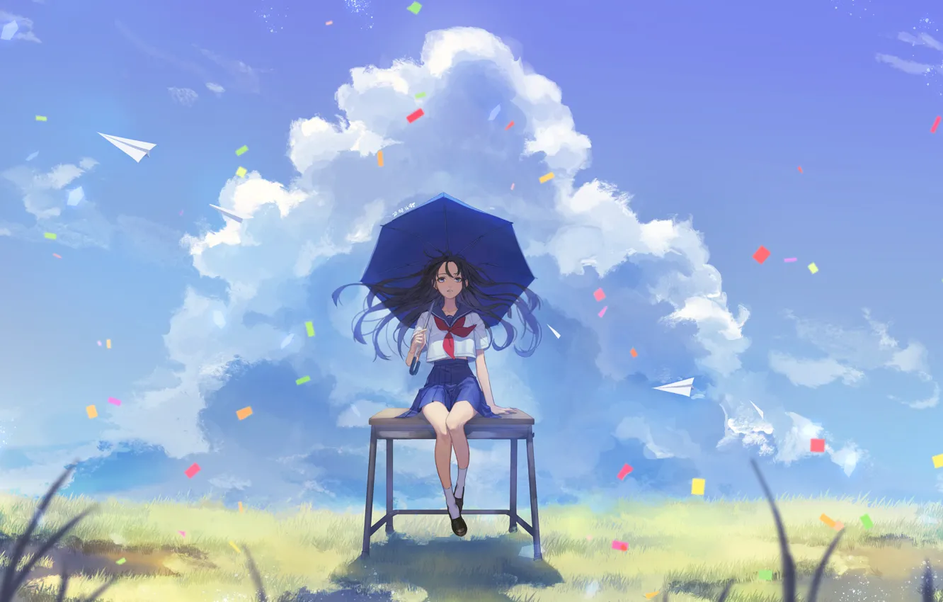 Фото обои школьница, травка, парта, каникулы, голубое небо, бумажный самолетик, под зонтом, летний день