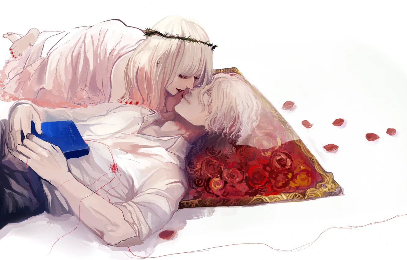 Фото обои розы, Девушка, книга, парень, нить