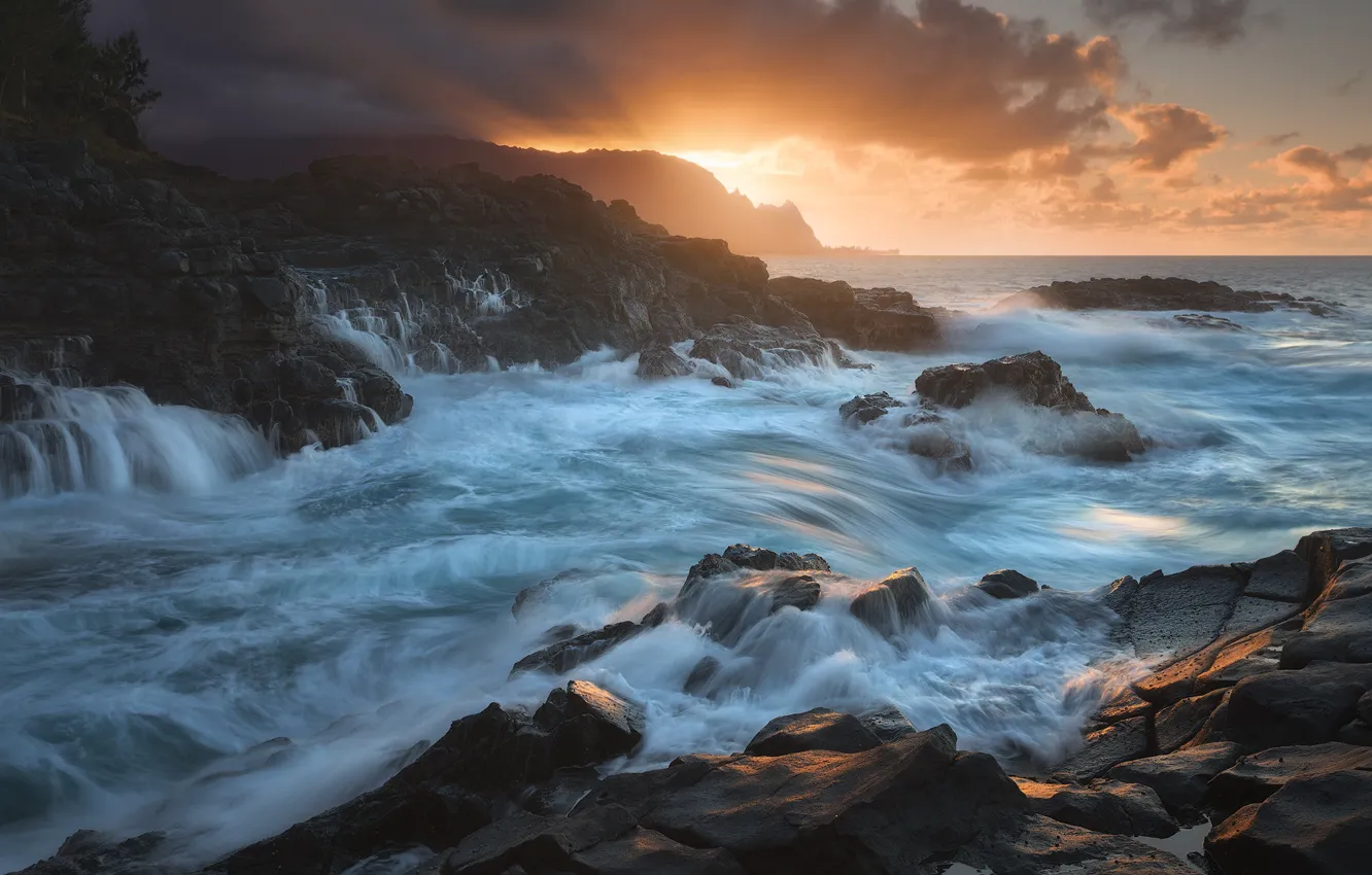 Фото обои море, волны, закат, шторм, берег, водопады