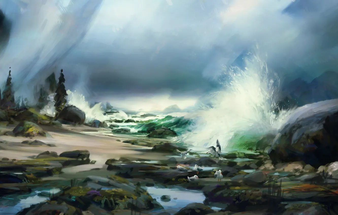 Фото обои море, деревья, камни, дождь, волна, чайки, прибой, нарисованный пейзаж