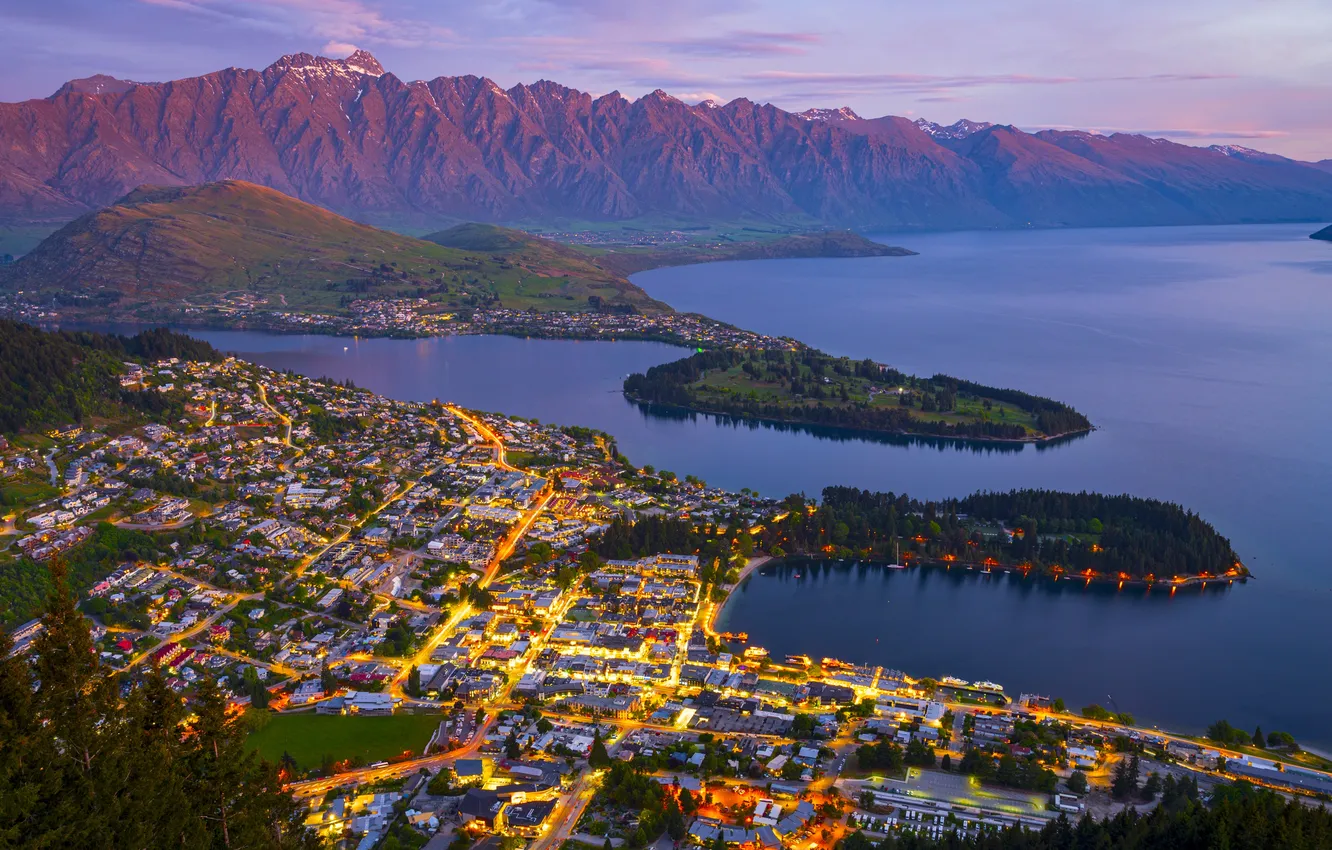 Фото обои lights, coast, New Zealand, sunset, mountains, Queenstown, gulf, town