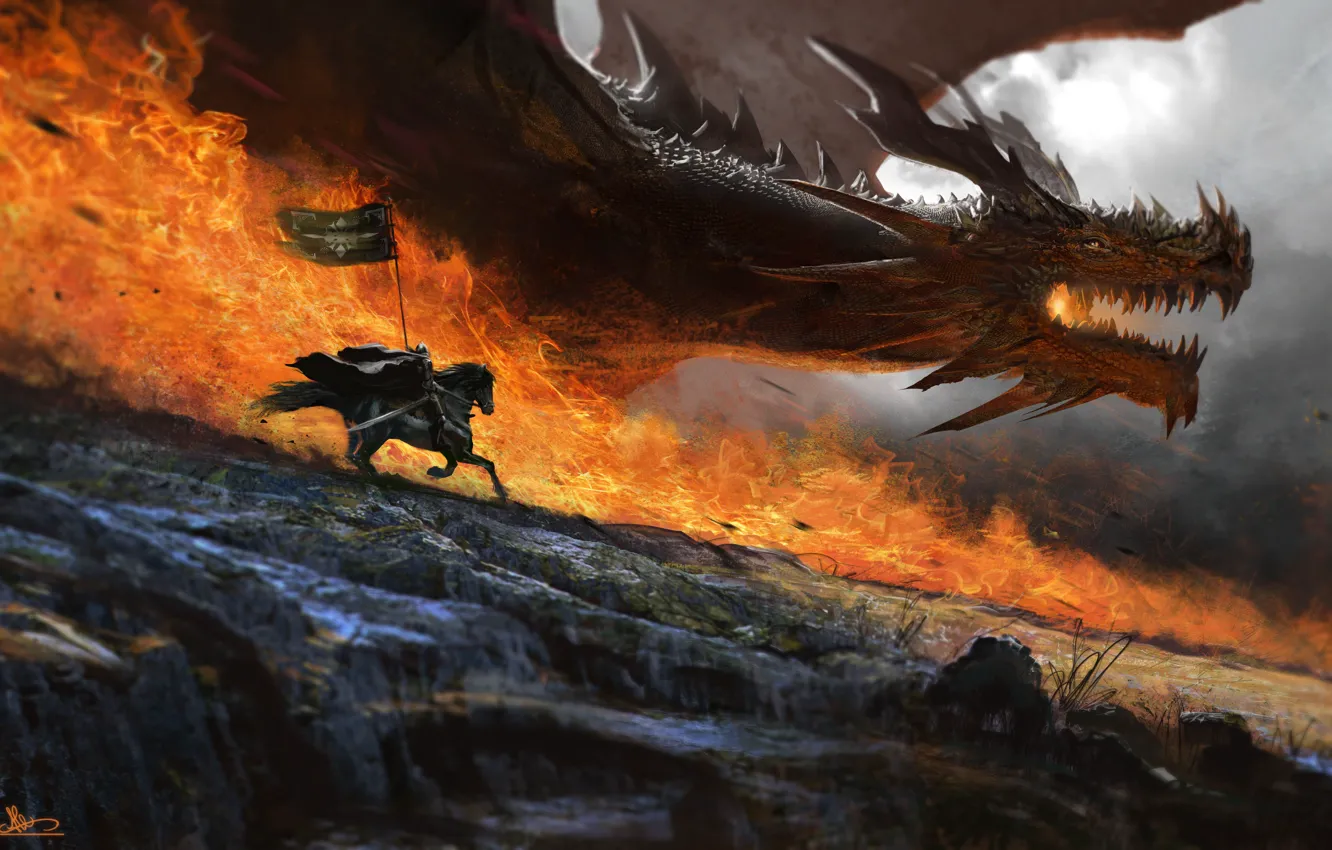 Фото обои Дракон, Огонь, Конь, Воин, Пламя, Fantasy, Dragon, Арт