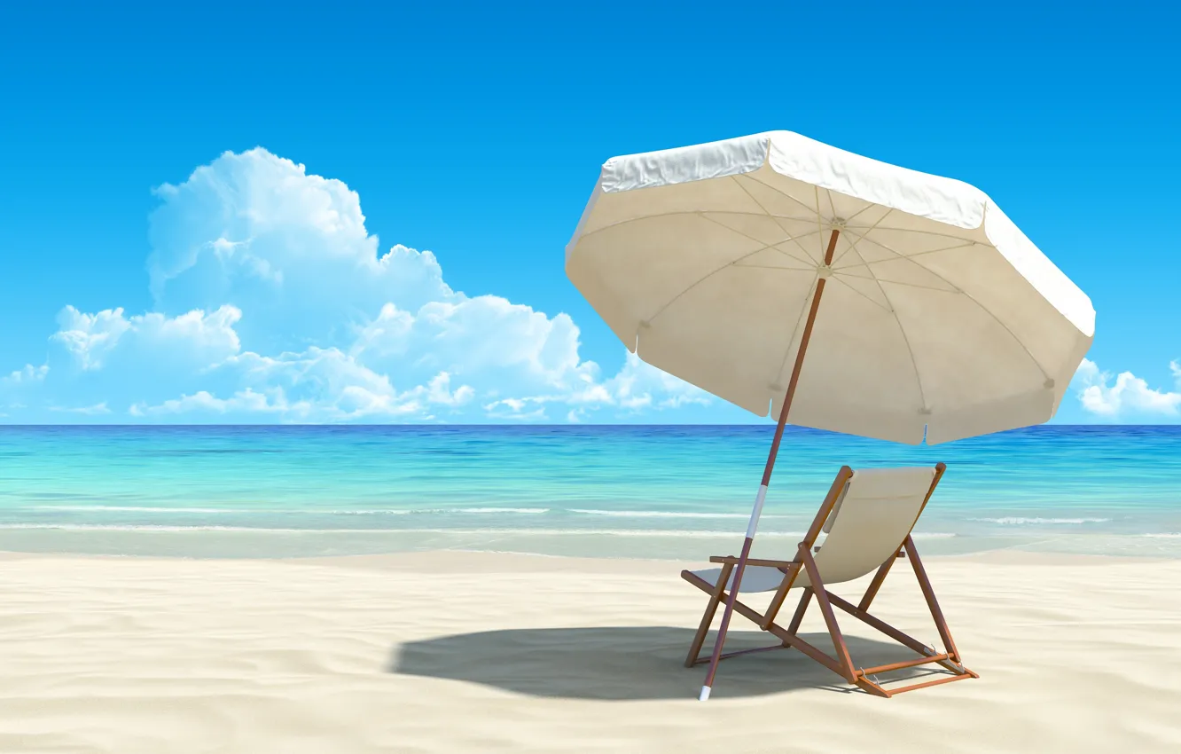 Фото обои море, пляж, зонт, стул