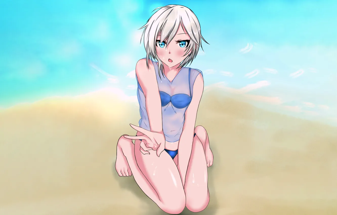 Фото обои girl, sexy, wet, Anastasia, beach, sea, anime, blue eyes