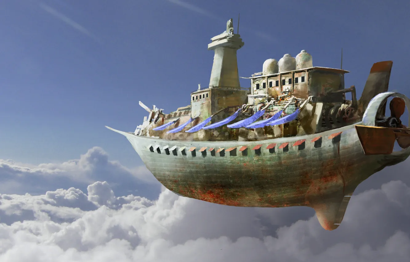 Фото обои облака, полет, корабль, арт, летучий, в небе
