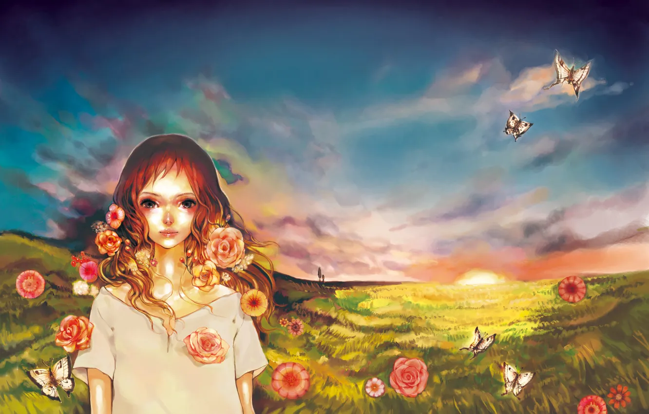 Фото обои поле, лето, небо, девушка, бабочки, цветы, рассвет, волосы