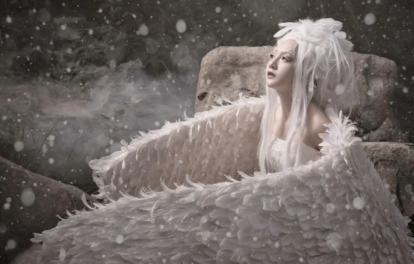 Фото обои девушка, снег, стиль, птица, крылья, перья, азиатка