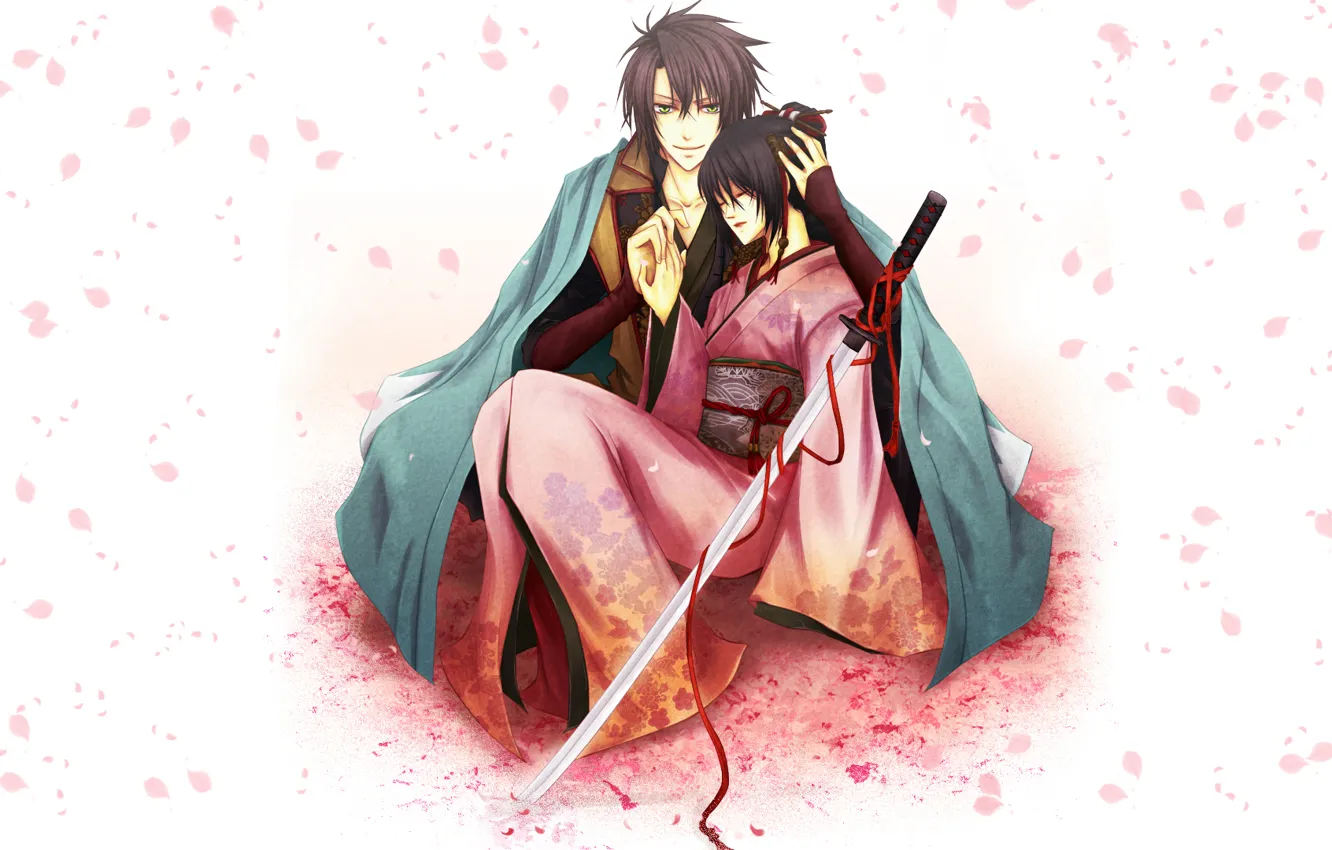 Фото обои девушка, катана, лепестки, сакура, форма, парень, кимоно, красная лента
