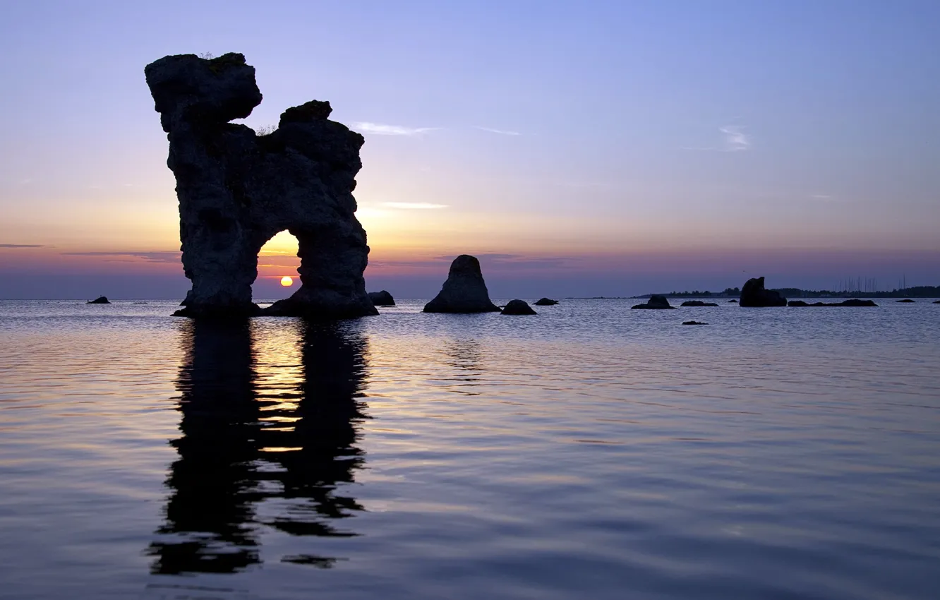 Фото обои sky, sea, landscape, nature, Sunset, water, rocks, evening