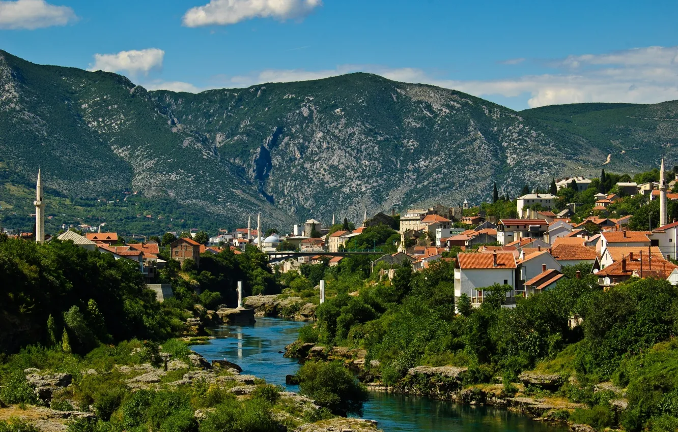 Фото обои пейзаж, горы, здания, Босния и Герцеговина, Mostar, река Неретва, Мостар, Neretva River